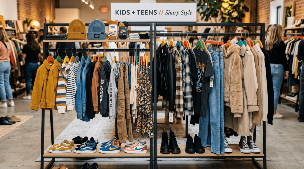 Kids + Teens // Sharp Style sign above clothing, accessories, and shoes