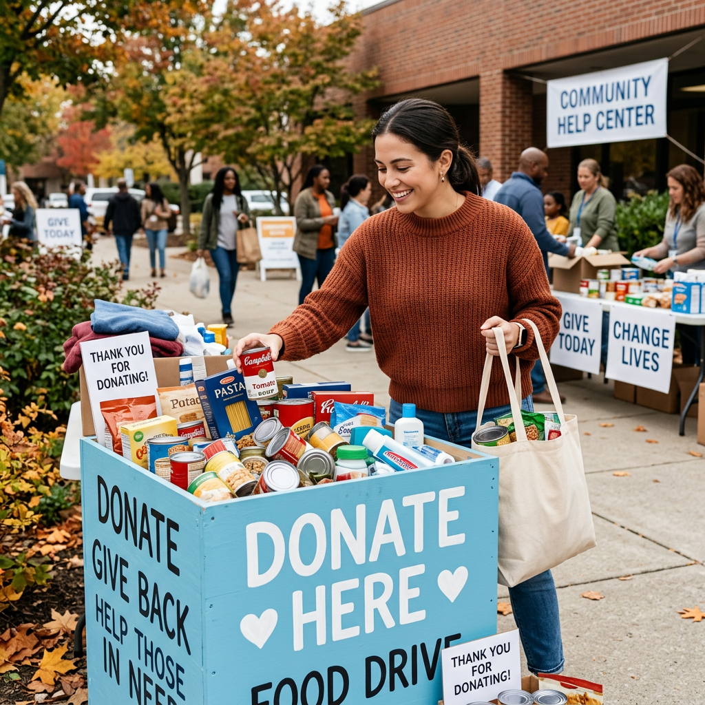 Woman placing canned food into a donation box at a community food drive
