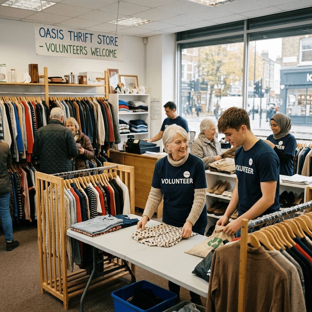 Volunteers sorting donated clothing inside Oasis Thrift Store