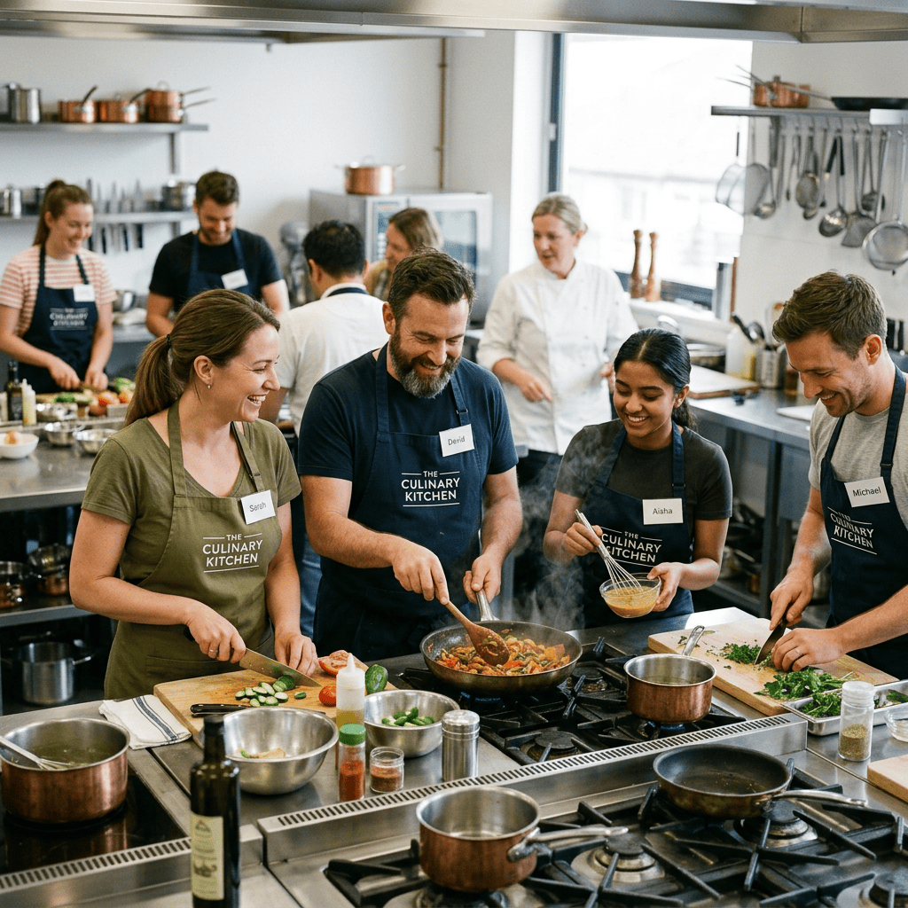 Participants cooking together in a professional kitchen during a culinary class